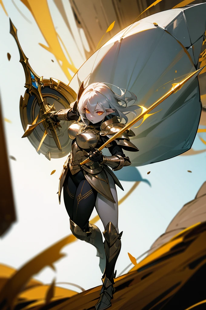 1 woman , elf, pale skin, silver hair, glowing golden eyes, muscule body, full body armor, full body, dungeon background, closed body by armor, hold a spear and shield