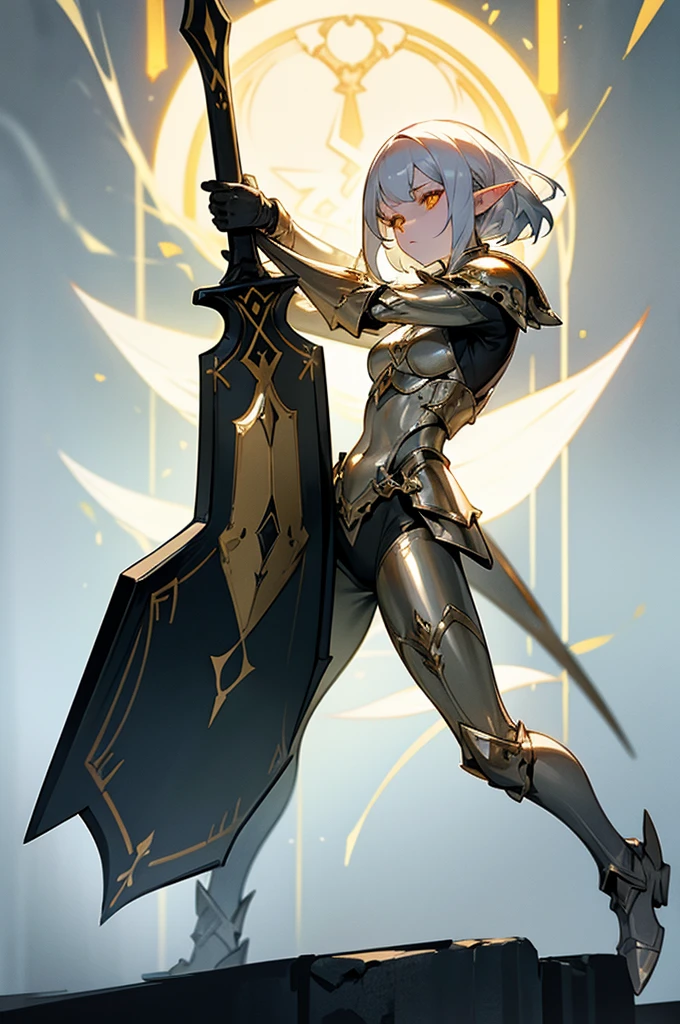 1 woman , elf, pale skin, silver hair, glowing golden eyes, muscule body, full body armor, full body, dungeon background, closed body by armor, hold a spear and shield