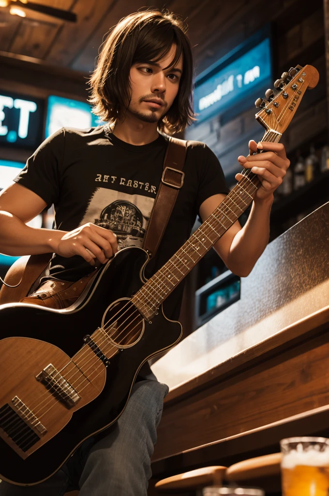 Dog playing guitar in a bar