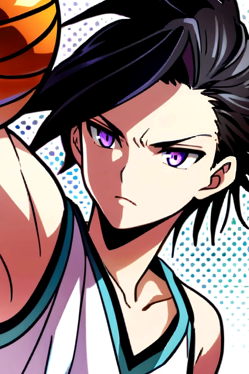 Anime boy with black hair and purple eyes playing basketball