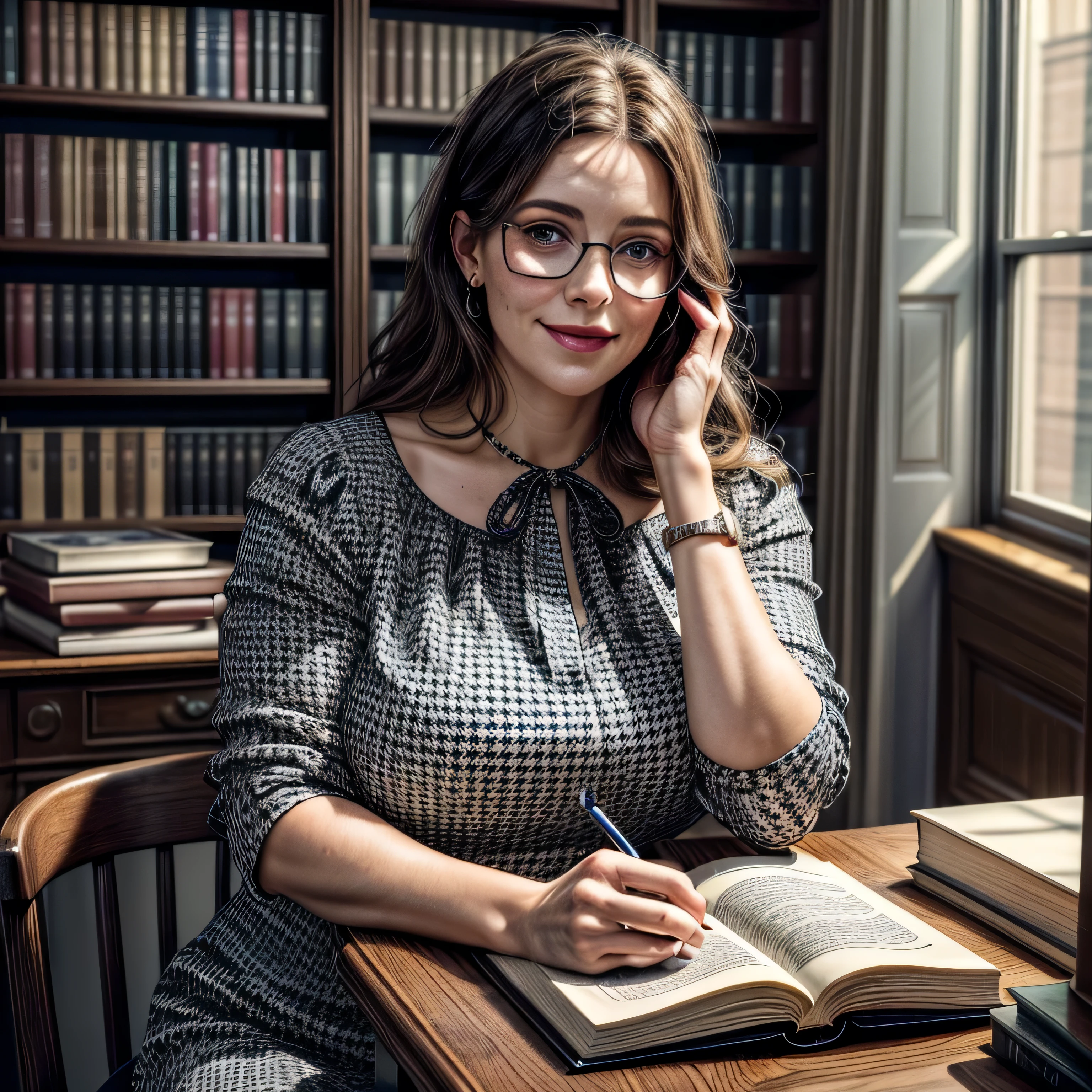 (masterpiece, photorealistic:1.4, extremely intricate:1.3), (photon mapping, radiosity, physically based rendering, ultra resolution, hyper-realistic, 8K), mature librarian, glasses, smiling, 40 years old, plus sized, big, [brown hair:dark hair tips:0.5] wearing a blue black patterned blouse, houndstooth black white skirt, portrait, closeup, sitting at her desk in the library, books, dim lighting, shadows, makeup:1.2, [skin detail:freckles:0.7]