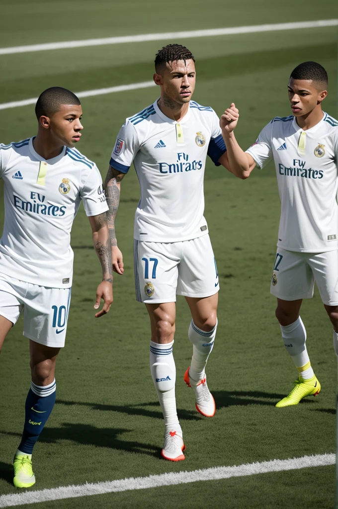 Messi Cristiano Ronaldo and mbappe and Neymar no Real Madrid no field