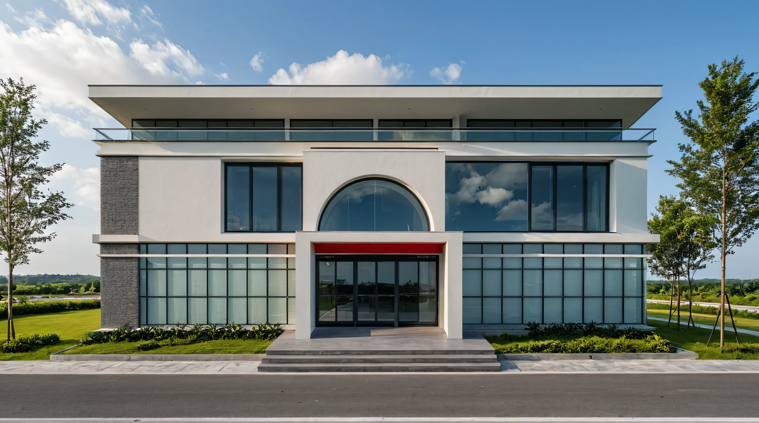 Masterpiece, high quality, best quality, authentic, super detail, outdoors, onestoreyvillaXL, aiaigroup, office style modern on the street ,stairs, red roof, glass door, white wall ,road,pavement, grass, trees, sky, cloud, (daylight:1.1)
