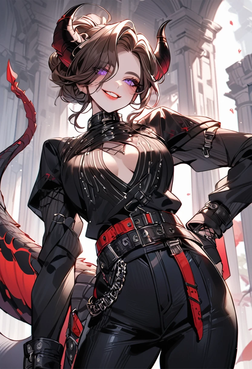 Tall woman, cheeky mad smile, brunette, hair gathered in a low bun, red and black clothes with open chest, purple eyes, dragon tail and horns, belts, pants, many details, light lipstick