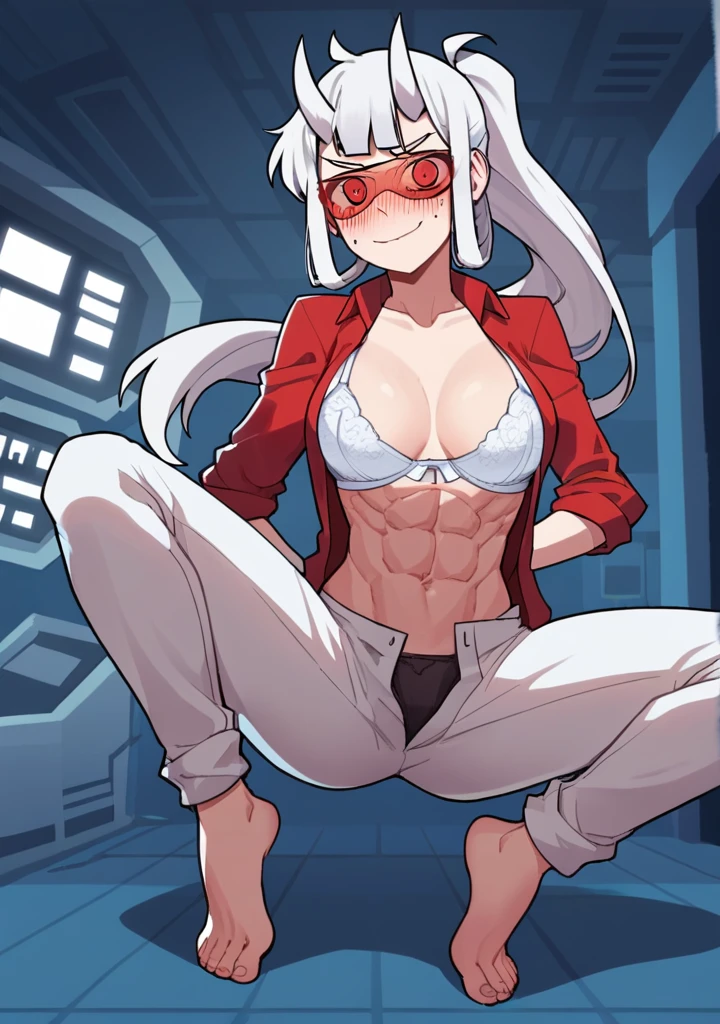 score_8_up, score_7_up, anime screenshot, looking at viewer, clouds
1girl, loremaster (helltaker), horns, long hair, ponytail, white hair, red-tinted eyewear, red unbuttoned shirt, sexy body, formal, black running panties, no bra,
He lies with his legs spread, looking at viewer, laboratory, Open clothes, unbuttoned shirt, white bra, medium chest, strong abs, bare belly, unbuttoned trousers, full length, (blushes 1.5), bare feet