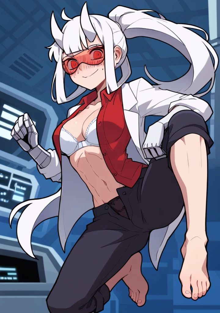 score_8_up, score_7_up, anime screenshot, looking at viewer, clouds
1girl, loremaster (helltaker), horns, long hair, ponytail, white hair, red-tinted eyewear, red unbuttoned shirt, sexy body, formal, black running panties, no bra,
He lies with his legs spread, looking at viewer, laboratory, Open clothes, unbuttoned shirt, white bra, medium chest, strong abs, bare belly, unbuttoned trousers, full length, (blushes 1.5), bare feet