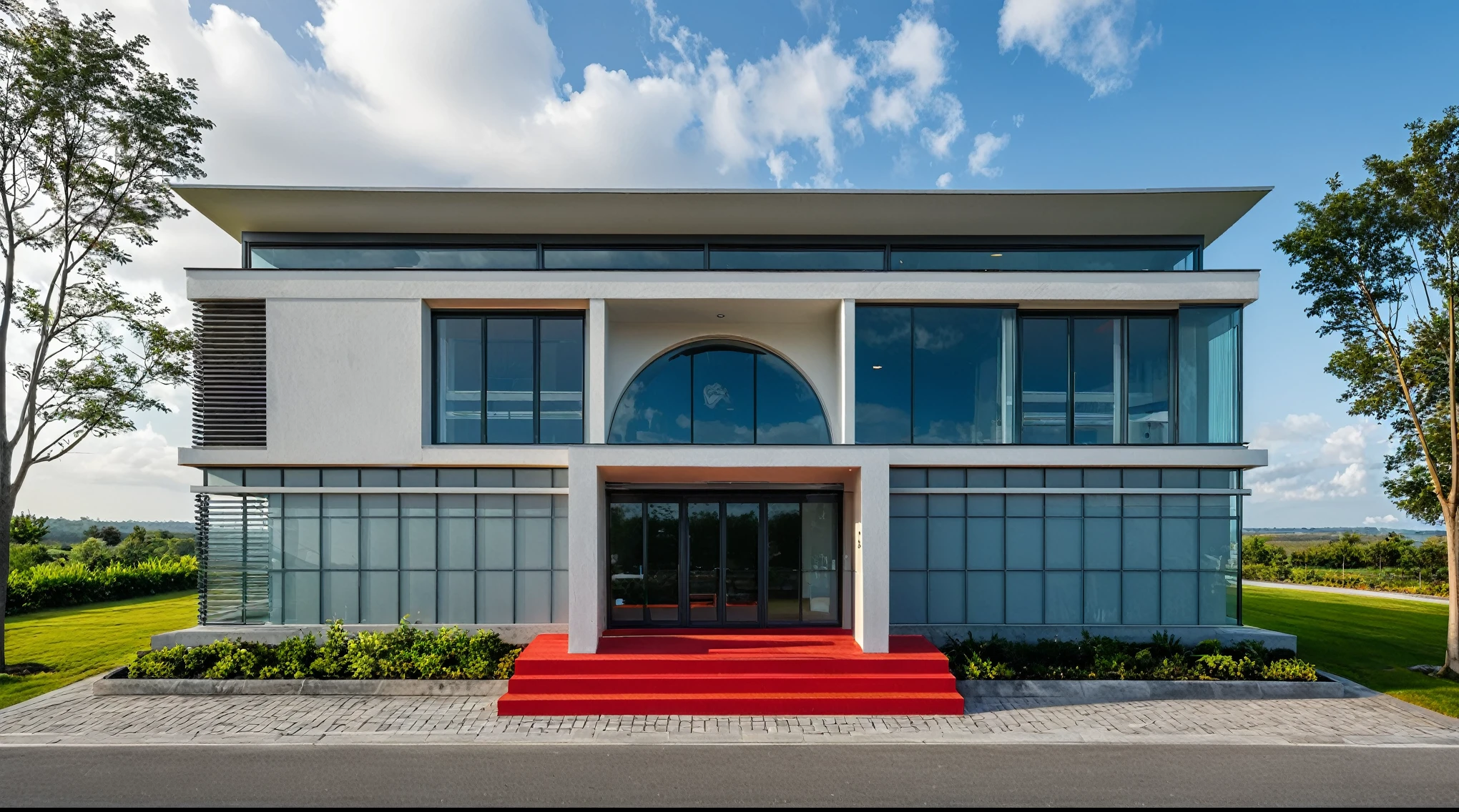 Masterpiece, high quality, best quality, authentic, super detail, outdoors, onestoreyvillaXL, aiaigroup, office style modern on the street ,stairs, red roof, glass door, white wall ,road,pavement, grass, trees, sky, cloud, (daylight:1.1)
