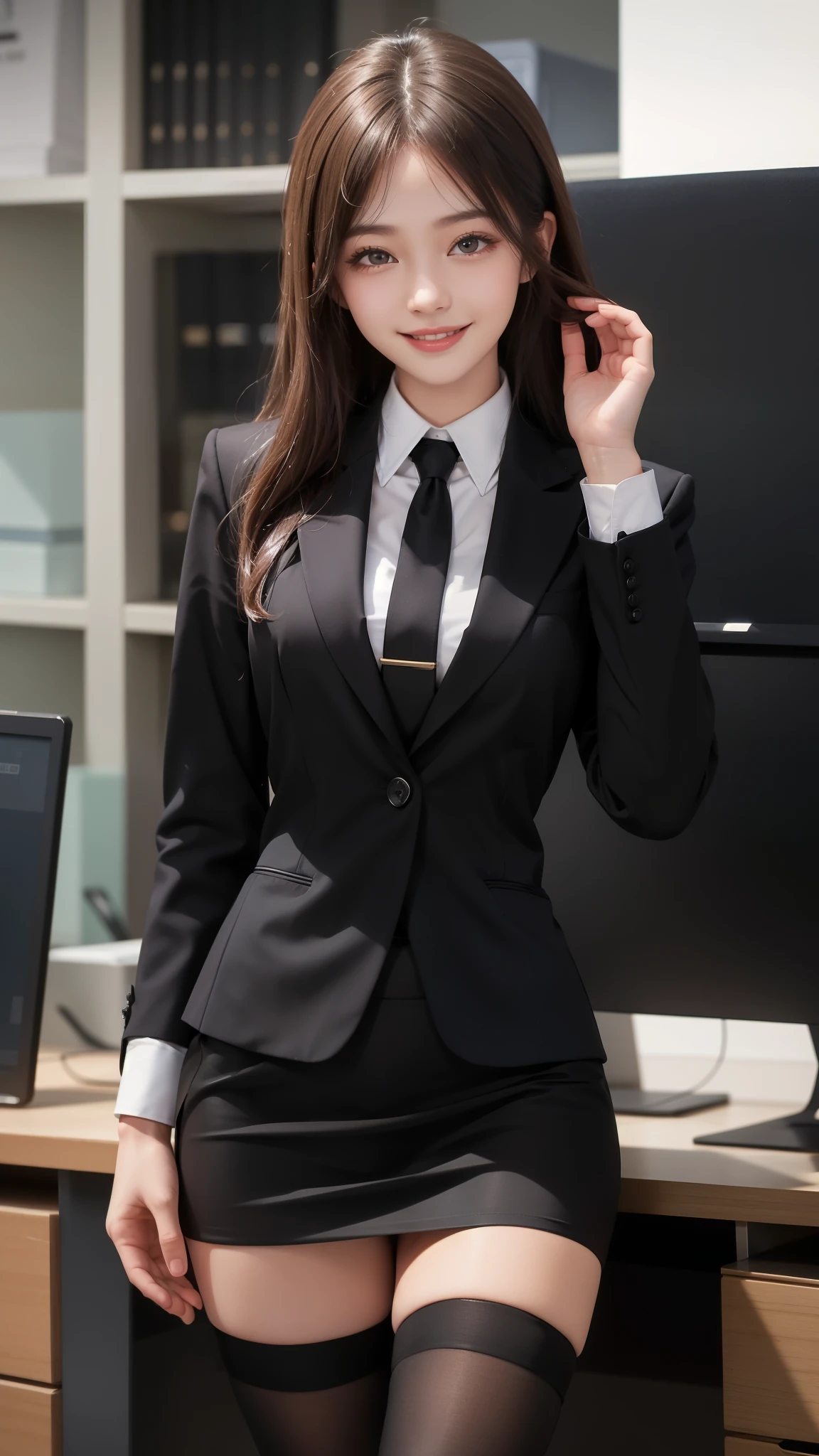 Best image quality、Ultra-high resolution、One Girl、Beautiful expression、(Black business suit,Tight Skirt,Black tights),office,smile
