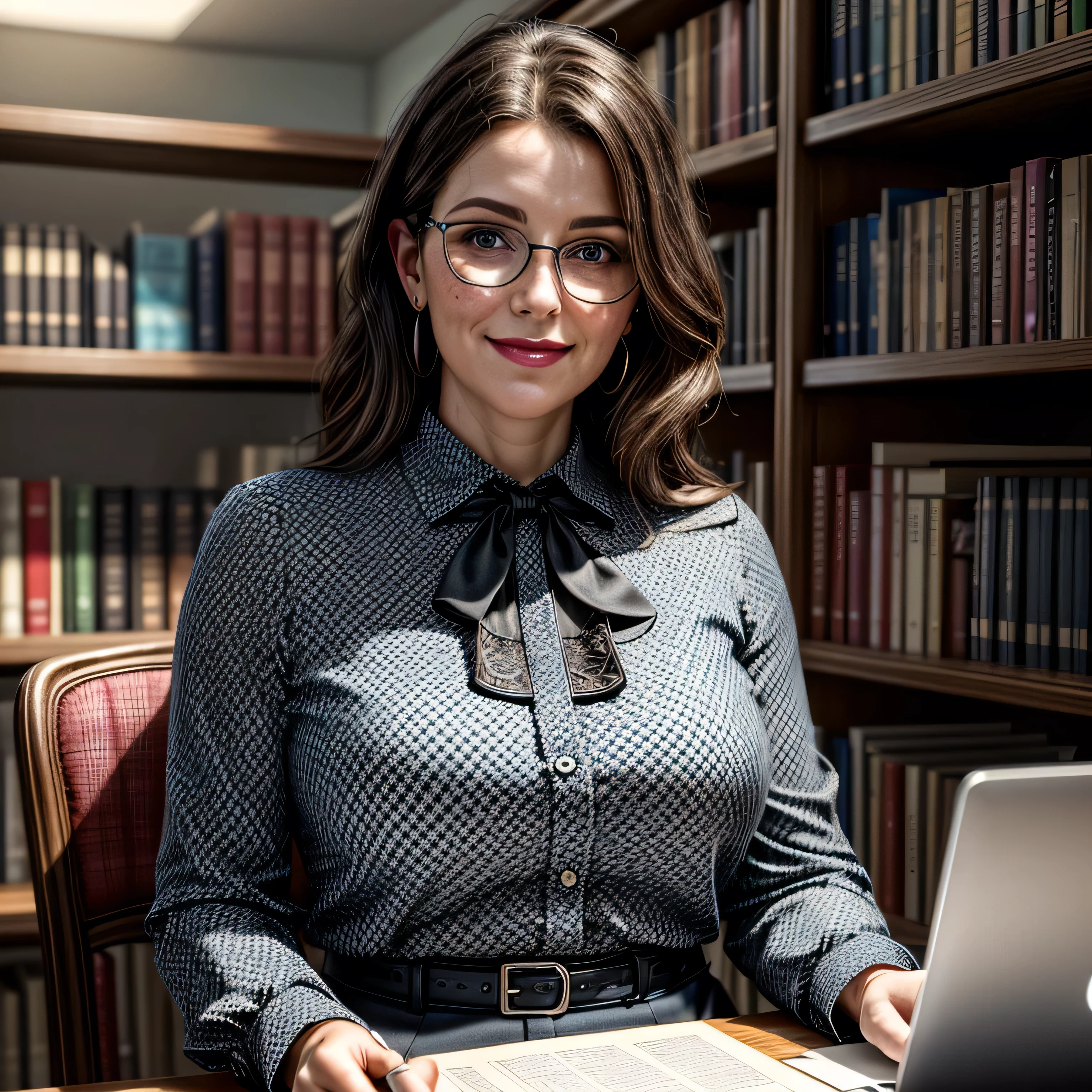 (masterpiece, photorealistic:1.4, extremely intricate:1.3), (photon mapping, radiosity, physically based rendering, ultra resolution, hyper-realistic, 8K), mature librarian, glasses, smiling, 40 years old, plus sized, big, [brown hair:dark hair tips:0.5] wearing a blue black patterned blouse, houndstooth black white skirt, portrait, closeup, sitting at her desk in the library, books, dim lighting, shadows, makeup:1.2, [skin detail:freckles:0.7]