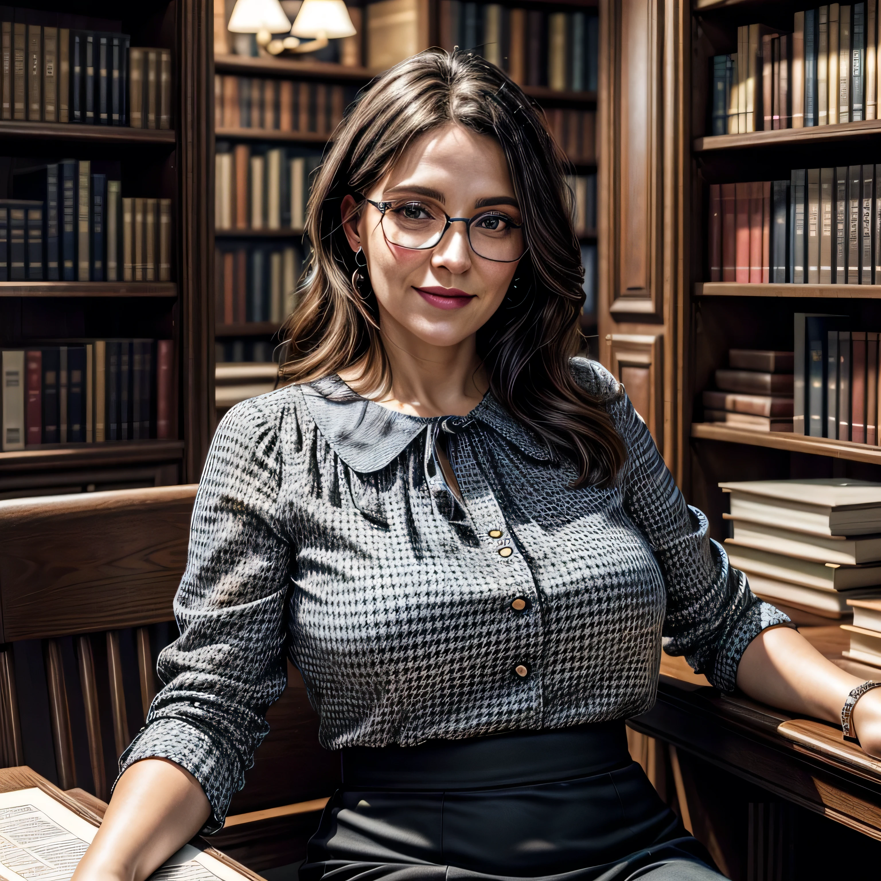 (masterpiece, photorealistic:1.4, extremely intricate:1.3), (photon mapping, radiosity, physically based rendering, ultra resolution, hyper-realistic, 8K), mature librarian, glasses, smiling, 40 years old, plus sized, big, [brown hair:dark hair tips:0.5] wearing a blue black patterned blouse, houndstooth black white skirt, portrait, closeup, sitting at her desk in the library, books, dim lighting, shadows, makeup:1.2, [skin detail:freckles:0.7]
