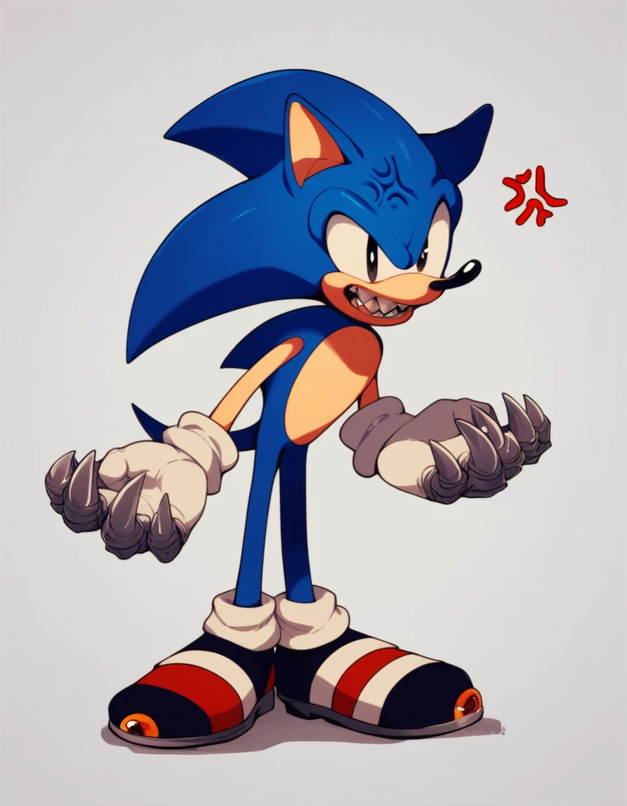 scorched, solo, open mouth, simple background, 1boy, white background, standing, full body, male focus, teeth, no humans, sharp teeth, anger vein, claws, tall, sonic the hedgehog, blue fur, two tone fur, completely black eyes, black shoes