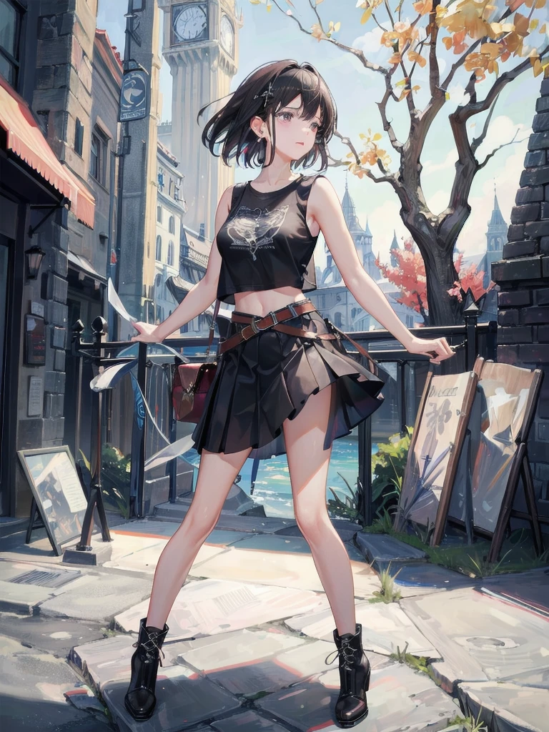 absurdres, RAW photo, extremely delicate and beautiful, masterpiece, Best Quality, ultra high resolution, 32k, hyperrealistic, ultra-detailed, delicate facial features, beautiful detailed woman, tearful mole, earring, medium breasts, full body shot, medium hair, black hair, t-shirt, leather skirt, sleeveless, boots,