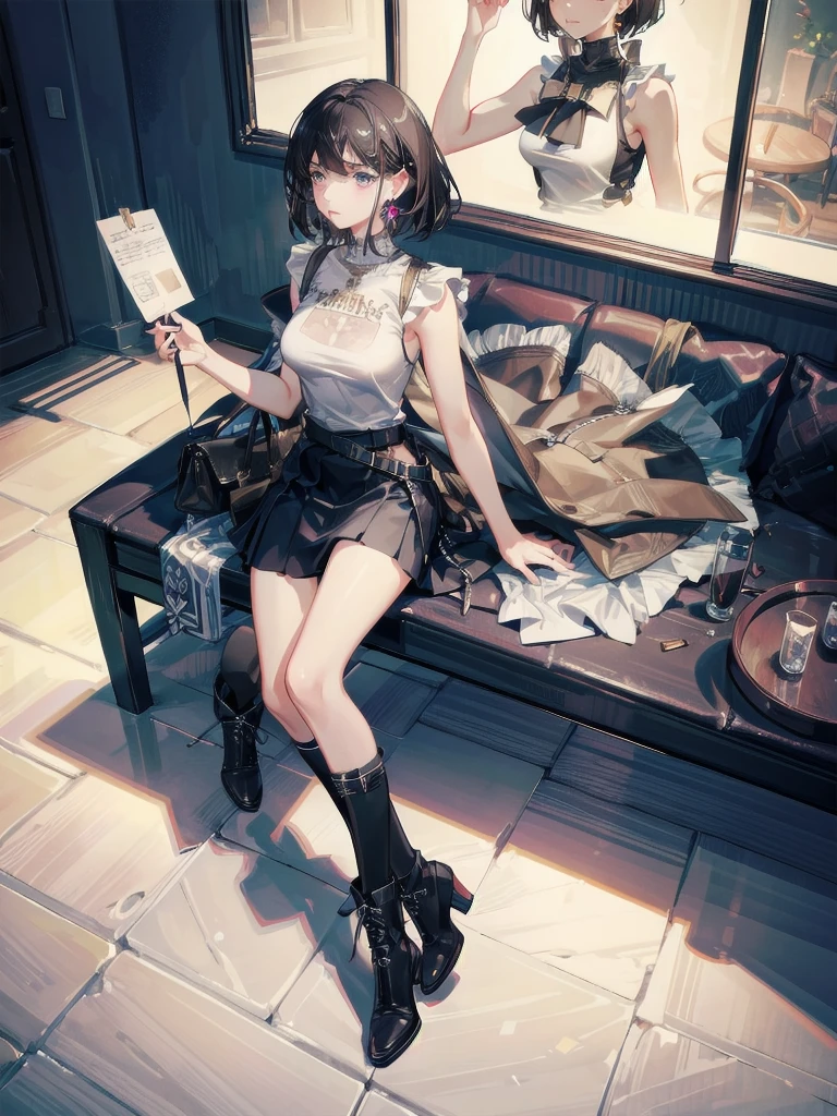 absurdres, RAW photo, extremely delicate and beautiful, masterpiece, Best Quality, ultra high resolution, 32k, hyperrealistic, ultra-detailed, delicate facial features, beautiful detailed woman, tearful mole, earring, medium breasts, full body shot, medium hair, black hair, t-shirt, leather skirt, sleeveless, boots,