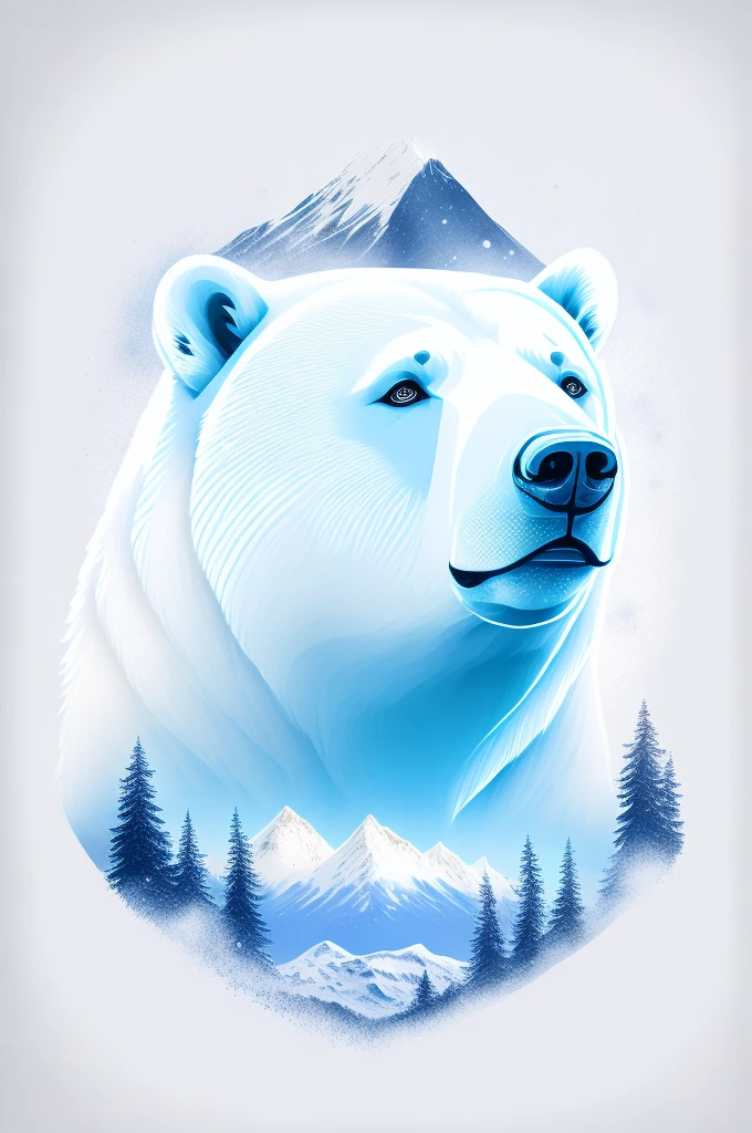 A t-shirt with a polar bear head, in the background ice and snow peaks, t shirt design, rzminjornada, vectorial art, White background