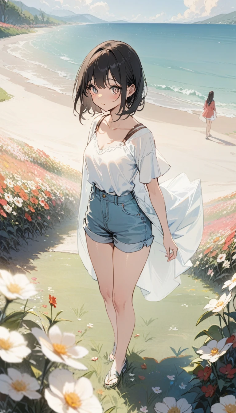 (masterpiece, Highest quality), A girl with long black hair is standing in a flower field, Warm spring sunshine, Blurred foreground, change, coastal, Shorts, Strange Eyes