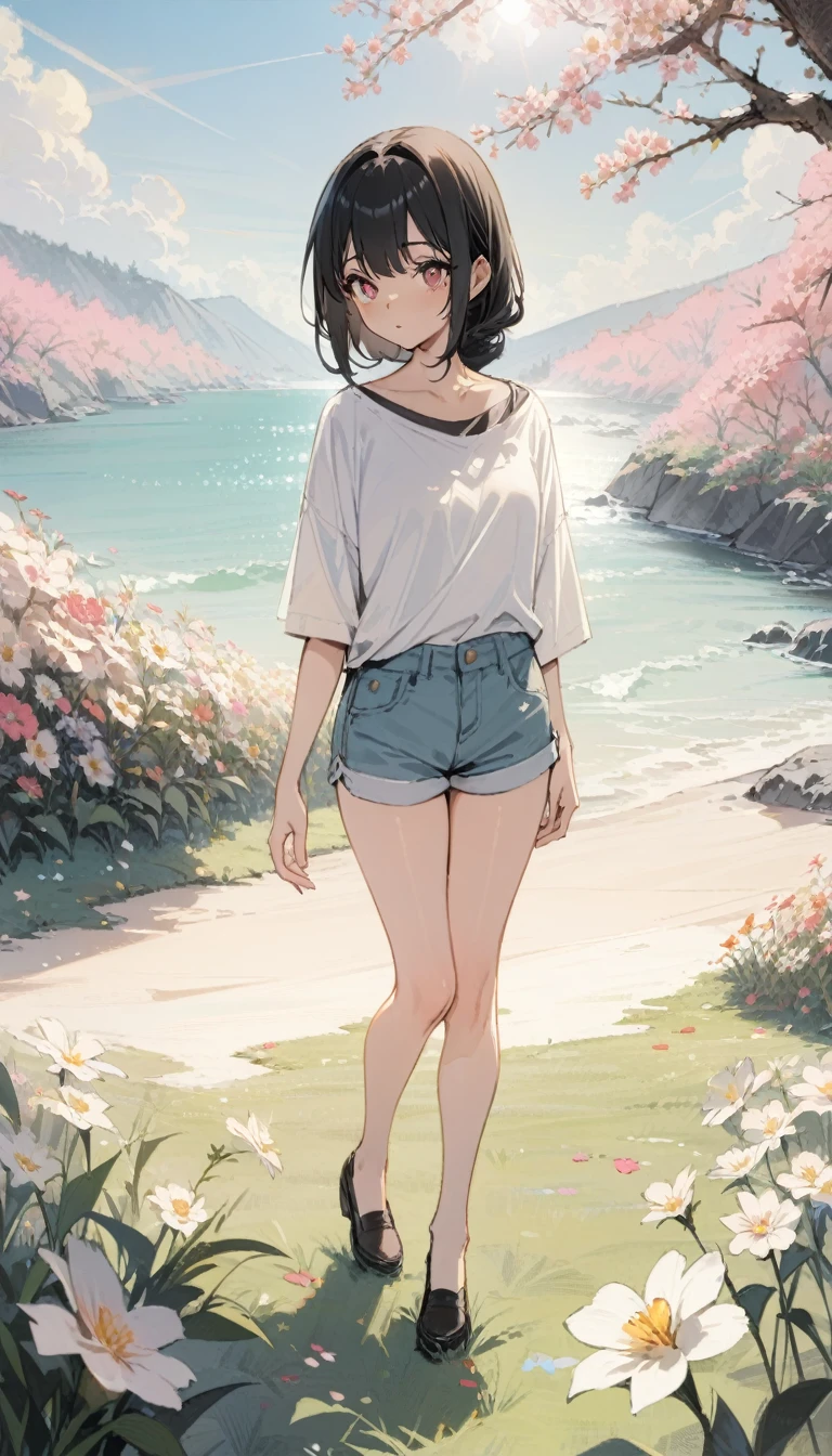 (masterpiece, Highest quality), A girl with long black hair is standing in a flower field, Warm spring sunshine, Blurred foreground, change, coastal, Shorts, Strange Eyes