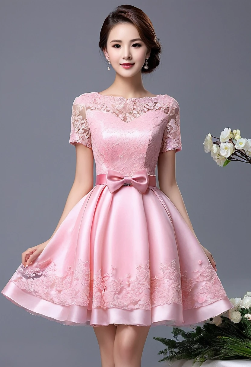 Please design an attractive woman' party dress considering the following parameters:
1. Color: Red, Pink, Blue
2. Length: Short, Midi, Long
3. Fabric: Satin, Silk, Tulle
4. Details: Lace, Bow, Belt
5. Occasion: Wedding, Party, Birthday
The design should be appealing, modern, and suitable for young girls.