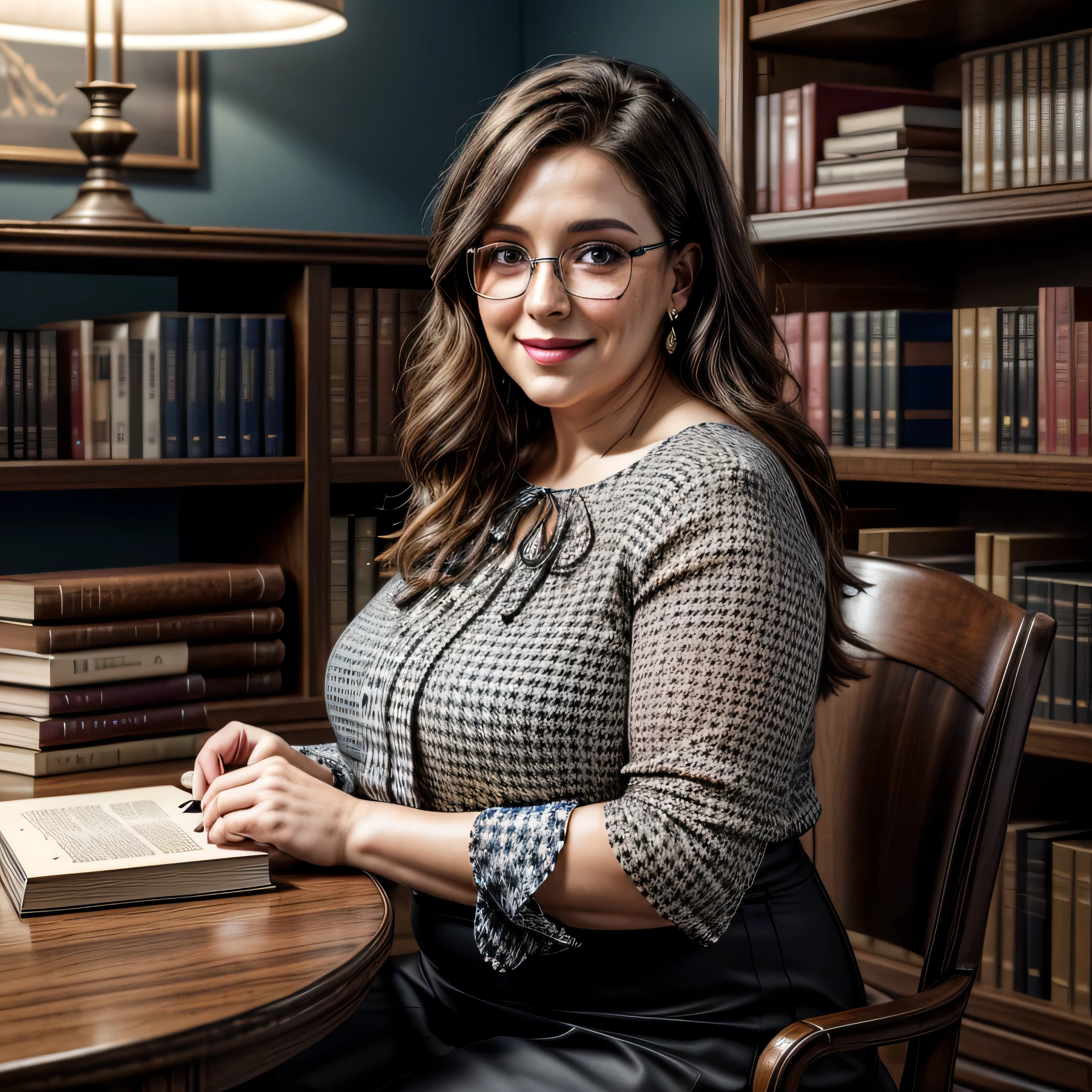 (masterpiece, photorealistic:1.4, extremely intricate:1.3), (photon mapping, radiosity, physically based rendering, ultra resolution, hyper-realistic, 8K), mature librarian, glasses, smiling, 40 years old, plus sized, big, [brown hair:dark hair tips:0.5] wearing a blue black patterned blouse, houndstooth black white skirt, portrait, closeup, sitting at her desk in the library, books, dim lighting, shadows, makeup:1.2, [skin detail:freckles:0.7]