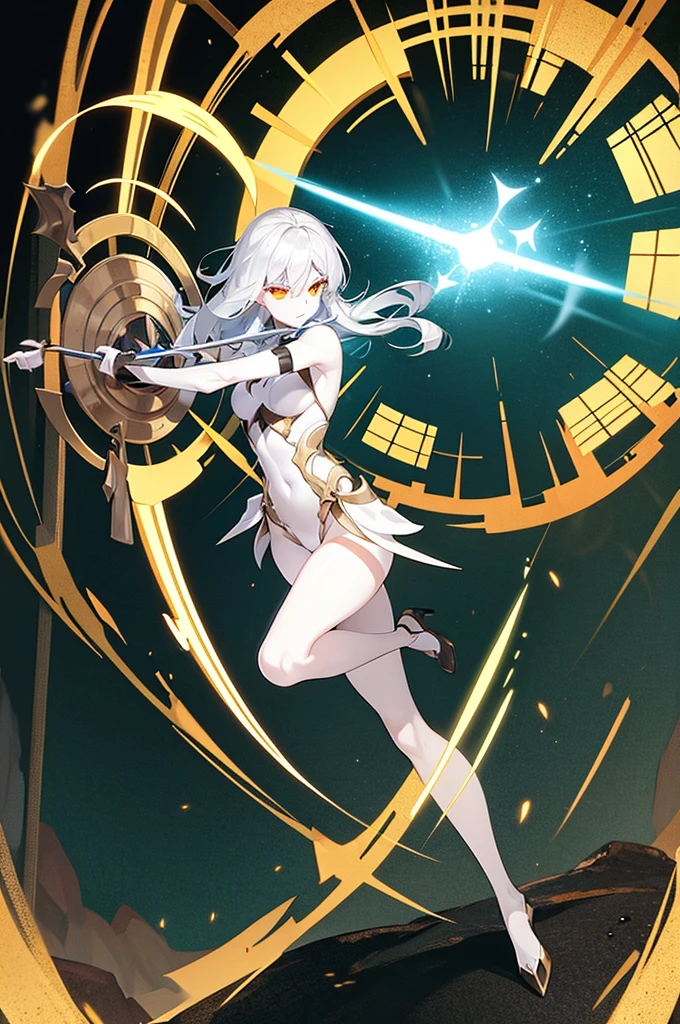 1 woman , elf, pale skin, silver hair, glowing golden eyes, muscule body, full body armor, full body, dungeon background, closed body by armor, hold a spear and shield