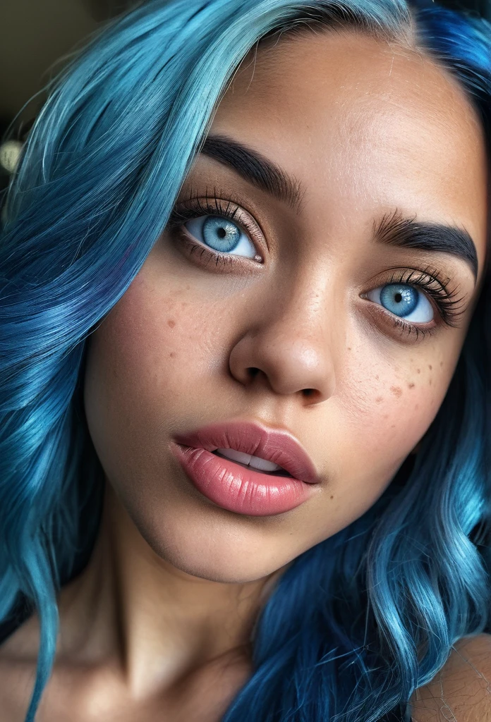 beautiful biracial woman with blue hair and light blue eyes, make a grimace, extremely detailed facial features, beautiful detailed eyes, beautiful detailed lips, selfie portrait, photorealistic, ultra-detailed, 8k, highres, masterpiece, vivid colors, natural lighting, intricate details