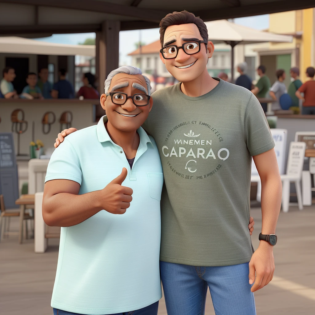 The image shows two smiling men posing together, with an outdoor event background. they are standing, next to each other, under an awning. 

Character details:

1. man on the left:
   - Age: Middle Age - Hair: Short and brown with shades of gray - Skin: Clara - Glasses: With dark frames - Clothing: Light green polo shirt - Expressão: Warm smile - Poses: giving a "like" with the right hand 2. Man on the Right:
   - Age: Young Adult - Hair: Short and dark brown - Skin: Clara - Glasses: With dark frames - Clothing: Olive green T-shirt with print "Caparaó Region" and light blue jeans - Expresso: Cheerful smile - Pose: Left arm around older man&#39;s shoulder Pixar Style:
   - Characters with soft and expressive features, with big eyes and exaggerated features to give a lively and charming touch.
   - Vibrant colors and soft lighting that convey a warm and happy atmosphere.
