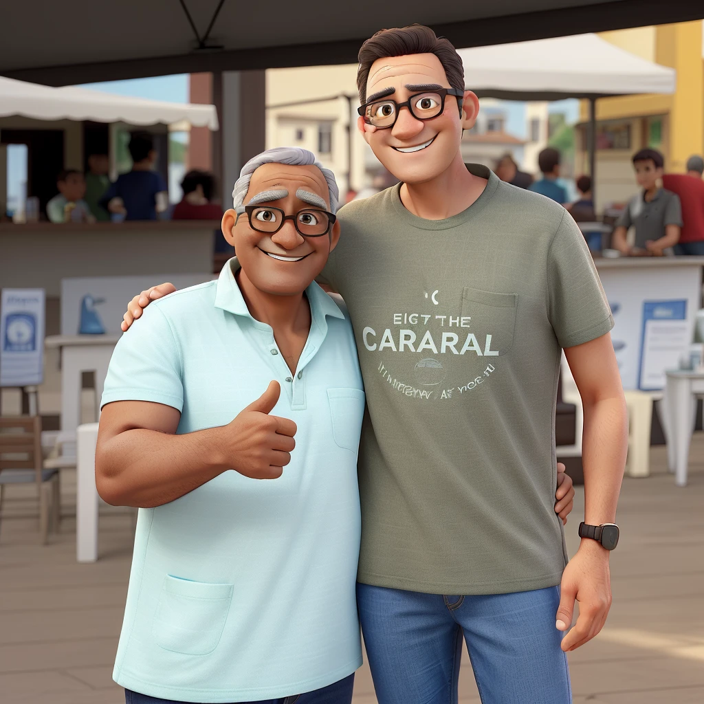 The image shows two smiling men posing together, with an outdoor event background. they are standing, next to each other, under an awning.
Character details:
1. man on the left:
- Age: Middle Age - Hair: Short and brown with shades of gray - Skin: Clara - Glasses: With dark frames - Clothing: Light green polo shirt - Expressão: Warm smile - Poses: giving a "like" with the right hand 2. Man on the Right:
- Age: Young Adult - Hair: Short and dark brown - Skin: Clara - Glasses: With dark frames - Clothing: Olive green T-shirt with print "Caparaó Region" and light blue jeans - Expresso: Cheerful smile - Pose: Left arm around older man's shoulder Pixar Style:
- Characters with soft and expressive features, with big eyes and exaggerated features to give a lively and charming touch.
- Vibrant colors and soft lighting that convey a warm and happy atmosphere.