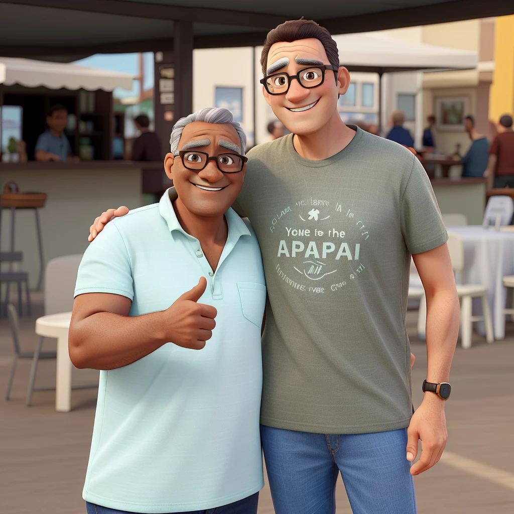 The image shows two smiling men posing together, with an outdoor event background. they are standing, next to each other, under an awning. 

Character details:

1. man on the left:
   - Age: Middle Age - Hair: Short and brown with shades of gray - Skin: Clara - Glasses: With dark frames - Clothing: Light green polo shirt - Expressão: Warm smile - Poses: giving a "like" with the right hand 2. Man on the Right:
   - Age: Young Adult - Hair: Short and dark brown - Skin: Clara - Glasses: With dark frames - Clothing: Olive green T-shirt with print "Caparaó Region" and light blue jeans - Expresso: Cheerful smile - Pose: Left arm around older man&#39;s shoulder Pixar Style:
   - Characters with soft and expressive features, with big eyes and exaggerated features to give a lively and charming touch.
   - Vibrant colors and soft lighting that convey a warm and happy atmosphere.
