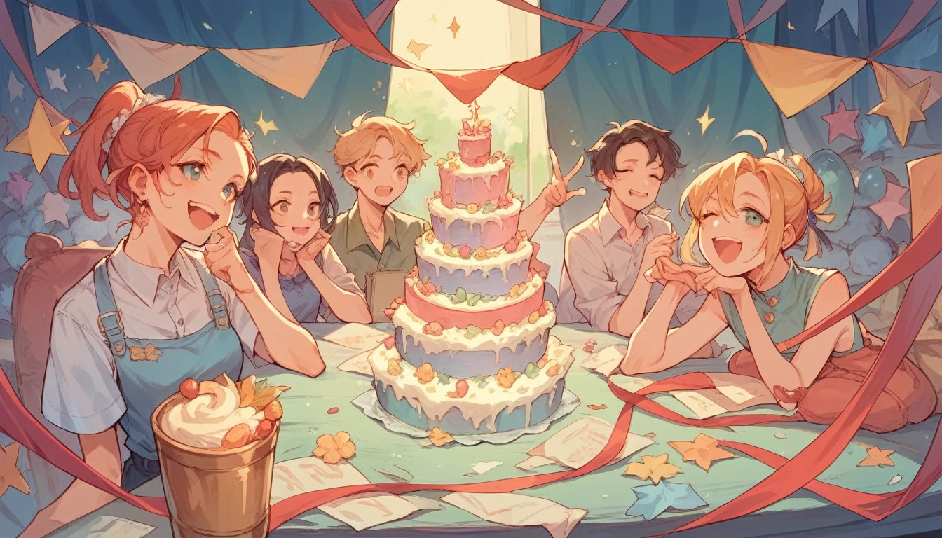Make a picture of the characters from the game Grand Chase, Elesis, Lire, Arme and Mary celebrating a birthday