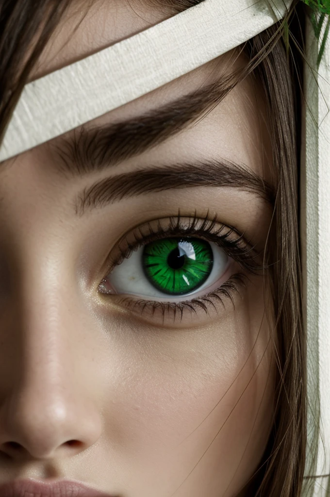 white teens, broken brown hair, thin and medium eyebrows, big, intense green eyes ,normal front