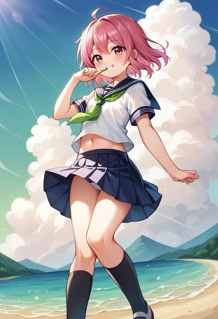 nahida, masterpiece, best quality, masterpiece,best quality,official art,extremely detailed CG unity 8k wallpaper, sky, game_cg, loli, loli, short hair, pink hair, gradient hair, ahoge, light blush, gradient_eyes, pink eyes, seifuku, kneehighs, uwabaki, hand_to_mouth,