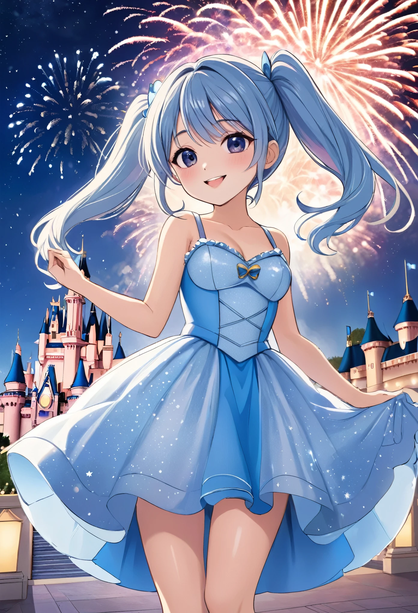 Disneyland Fireworks、Fireworks over Cinderella Castle、One girl,Expose the whole body,Nice face,Dark Eyes、Light blue long hair、Beautiful girl with twin tails,Fireworks across the sky、Bright smile、Warm and soft lighting,Night Sky,Starry Sky
