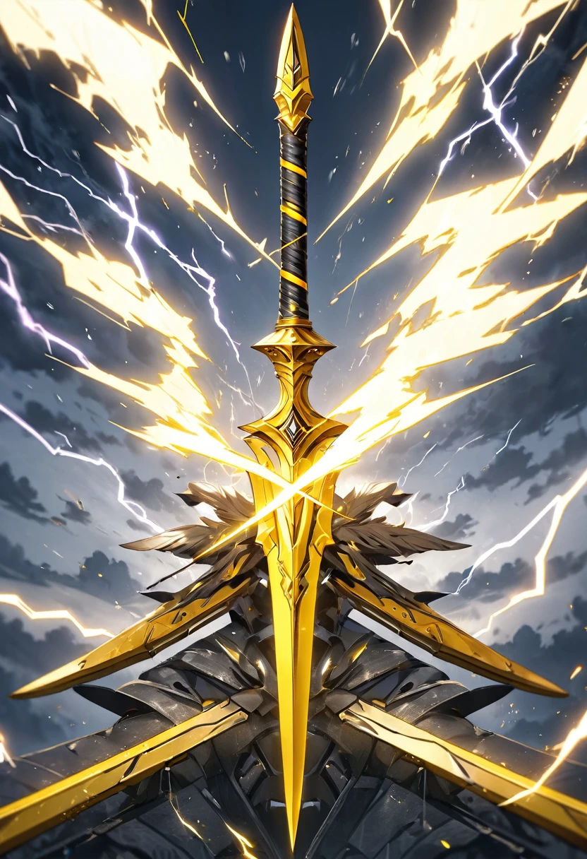 an extremely detailed 4k picture of just a 2 handed spear with a blade in the shape of a lightning bolt made of yellow steel