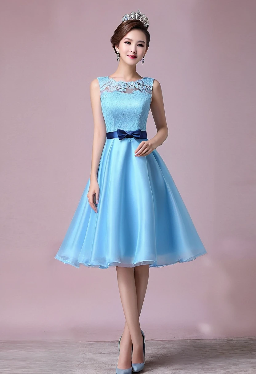 Please design an attractive woman' party dress considering the following parameters:
1. Color: Red, Pink, Blue
2. Length: Short, Midi, Long
3. Fabric: Satin, Silk, Tulle
4. Details: Lace, Bow, Belt
5. Occasion: Wedding, Party, Birthday
The design should be appealing, modern, and suitable for young girls.