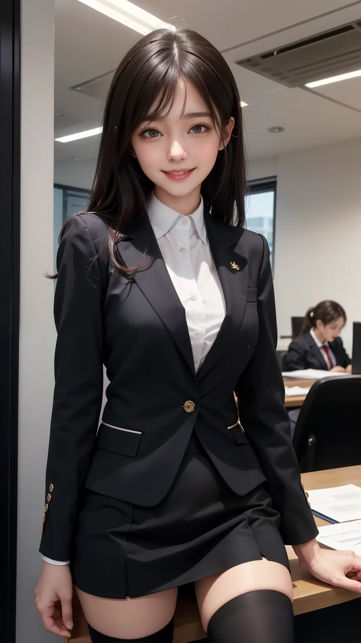 Best image quality、Ultra-high resolution、One Girl、Beautiful expression、(Black business suit,Tight Skirt,Black tights),office,smile