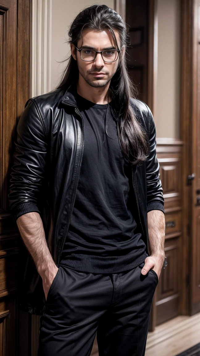 masterpiece, best quality:1.4),
portrait
Solo, Handsome man, european, blue eyes, black hair, long black hair, pony tail, pale skin, casual clothes, serious eyes, glasses