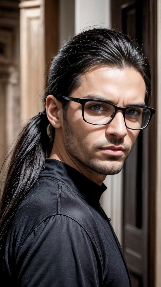 masterpiece, best quality:1.4), 

portrait

Solo, Handsome man, european, blue eyes, black hair, long black hair, pony tail, pale skin, casual clothes,  serious eyes, glasses
