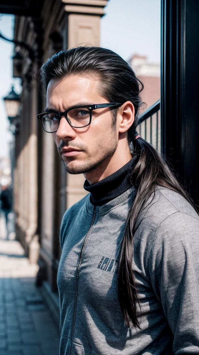 masterpiece, best quality:1.4),
portrait
Solo, Handsome man, european, blue eyes, black hair, long black hair, pony tail, pale skin, casual clothes, serious eyes, glasses