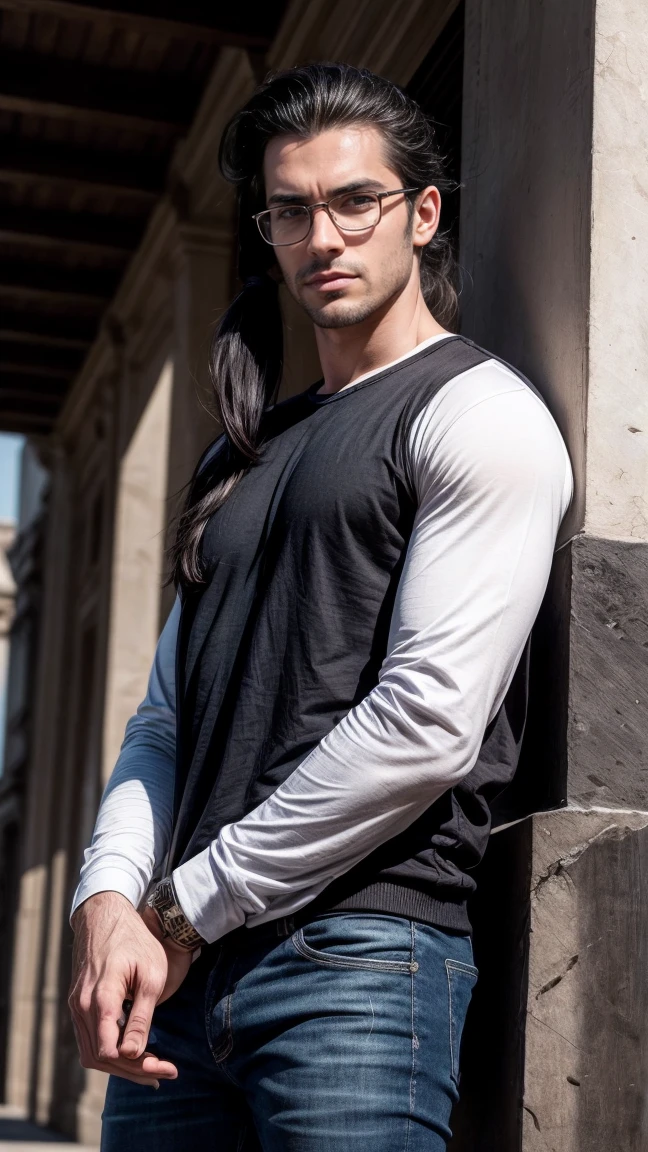 masterpiece, best quality:1.4),
portrait
Solo, Handsome man, european, blue eyes, black hair, long black hair, pony tail, pale skin, casual clothes, serious eyes, glasses