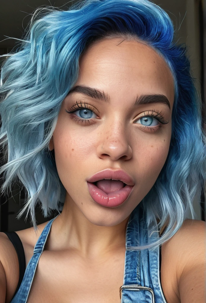 beautiful biracial woman with blue hair and light blue eyes,  tongue out, extremely detailed facial features, beautiful detailed eyes, beautiful detailed lips, selfie portrait, photorealistic, ultra-detailed, 8k, highres, masterpiece, vivid colors, natural lighting, intricate details