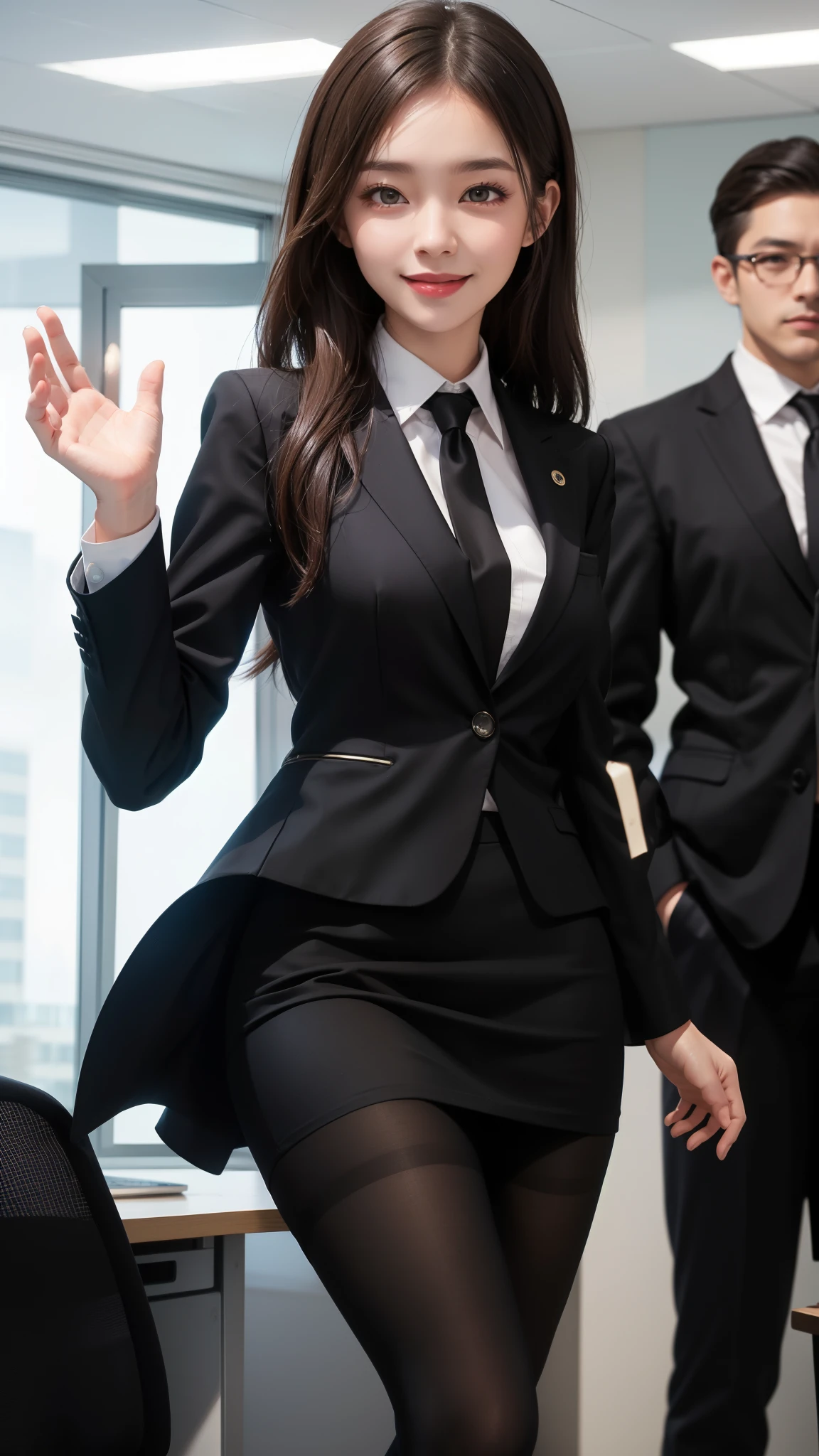 Best image quality、Ultra-high resolution、One Girl、Beautiful expression、(Black business suit,Tight Skirt,Black tights),office,smile