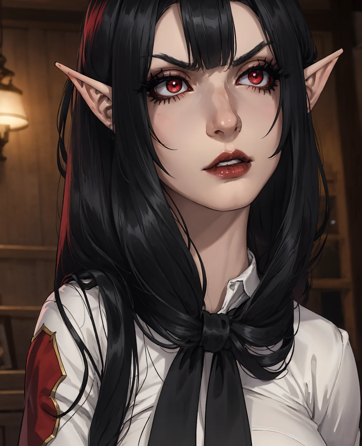 a devilish woman with black hair, pale skin, red eyes, wearing an elf-like costume, in a dark and mysterious setting, 1girl, detailed face, beautiful detailed eyes, beautiful detailed lips, extremely detailed eyes and face, long eyelashes, elegant, dramatic lighting, gothic, dark fantasy, dark colors, moody, dramatic, cinematic, chiaroscuro lighting, digital painting, high quality, 8k, detailed, hyperrealistic, photorealistic