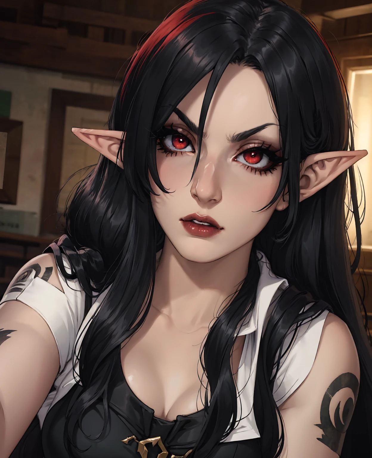 a devilish woman with black hair, pale skin, red eyes, wearing an elf-like costume, in a dark and mysterious setting, 1girl, detailed face, beautiful detailed eyes, beautiful detailed lips, extremely detailed eyes and face, long eyelashes, elegant, dramatic lighting, gothic, dark fantasy, dark colors, moody, dramatic, cinematic, chiaroscuro lighting, digital painting, high quality, 8k, detailed, hyperrealistic, photorealistic