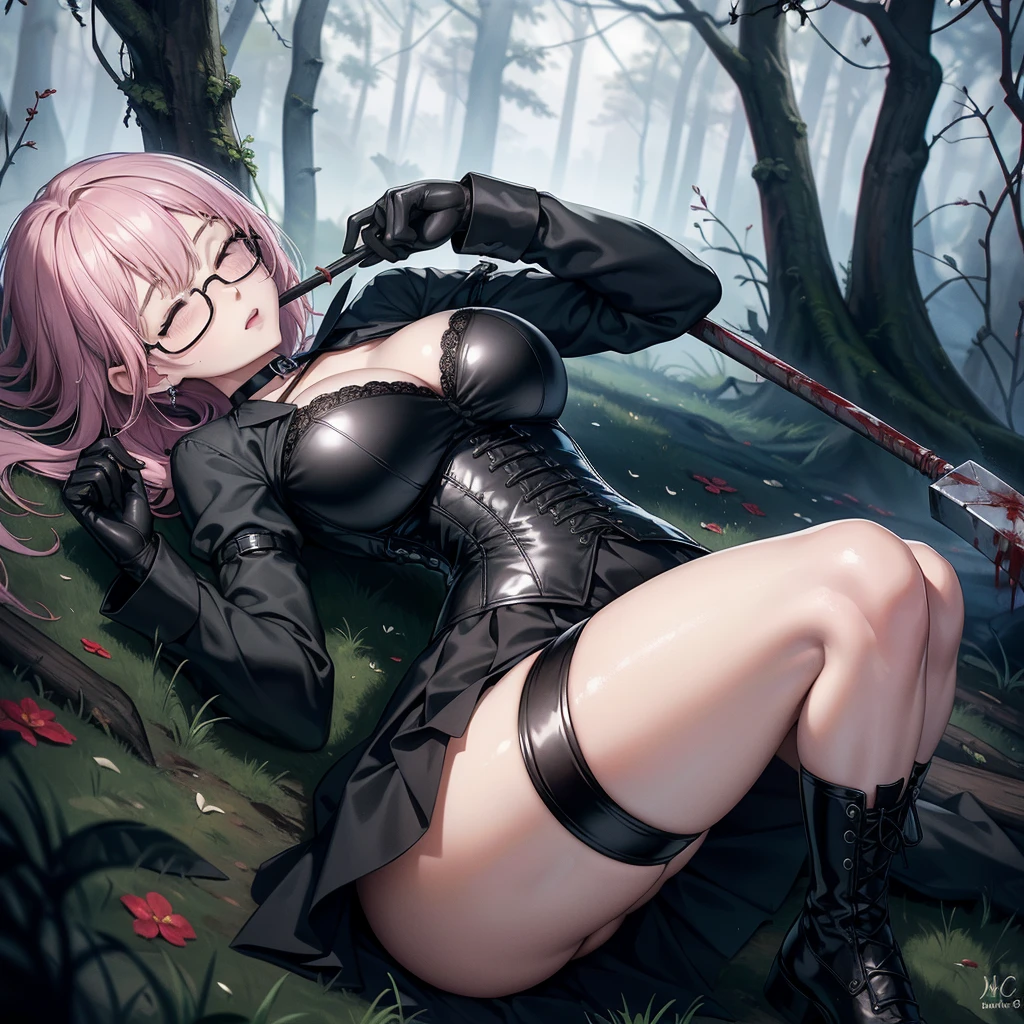 ((blood droplets)), ((blood)), ((blood splatter)), ((blood on clothes)), ((blood stain)), Masterpiece, Beautiful art, professional artist, 8k, art style by sciamano240, Very detailed face, Detailed clothing, detailed fabric, 1 girl, View from above, Fetal position, lying completely on the ground, perfectly drawn body, legs open, (very ), dead expression, lifeless, pale skin, beautiful face, short black hair, Closed eyes, pink cheeks, glasses, choker:1.6, (white collar button downg sleeve shirt), black gloves, gloves that cover hands, (holding an ax in his right hand), (black leather corset), (shiny black tight mini skirt), Sensual Lips , evening de invierno, Dark road, dark forest, evening, Atmosphere, fog
