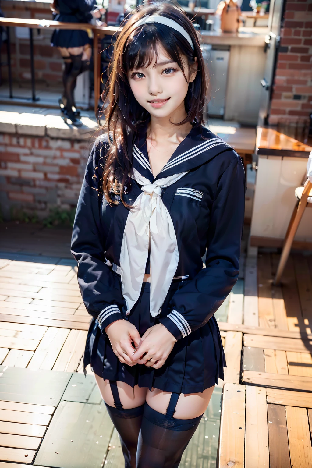 sailor uniform, One Woman, (Beautiful woman, delicate :1.3), Black Hair, bob cut, bangs, (8k), (highest quality: 1.2), (Realistic), (Realistic: 1.37), (masterpiece), (Ultra-high resolution), (RAW Photos), (Absolute Resolution), (face is small compared to body: 1.4), (Small face:１.4), balanced face, (Small Mouth: 1.4), (Slim female body: 1.4), (((long sleeve sailor uniform))), Realistic high school girl, (White headband:1.4), Small breasts, Slanted Eyes, Bright Blue Eyes, (Cafe on the open terrace), smile, Blurred, ((Full Body Shot)), (Black Stockings:1.4), Black garter belt, Three white lines on the collar of a sailor uniform, 