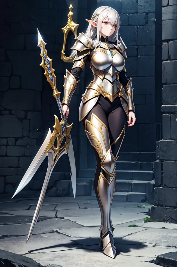 1 woman , elf, pale skin, silver hair, glowing golden eyes, muscule body, full body armor, full body, dungeon background, closed body by armor, hold a spear and shield