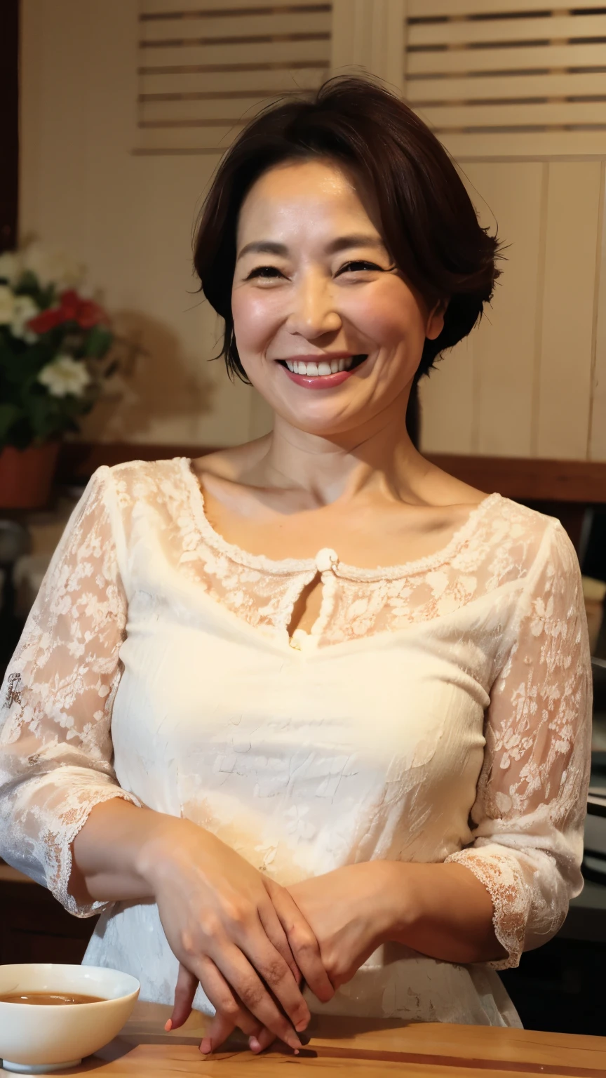 8k wallpaper, masterpiece, Highest quality, Super detailed, One Mature Woman, 50 years old, Become very clear, Wearing a short-sleeved blouse, Skin dents, Captivating smile, Looking at the audience, , plump, Curvaceous, Fascinating face, Smiling with teeth showing, Wrinkles around the eyes, Sit at a coffee shop, Background Blur