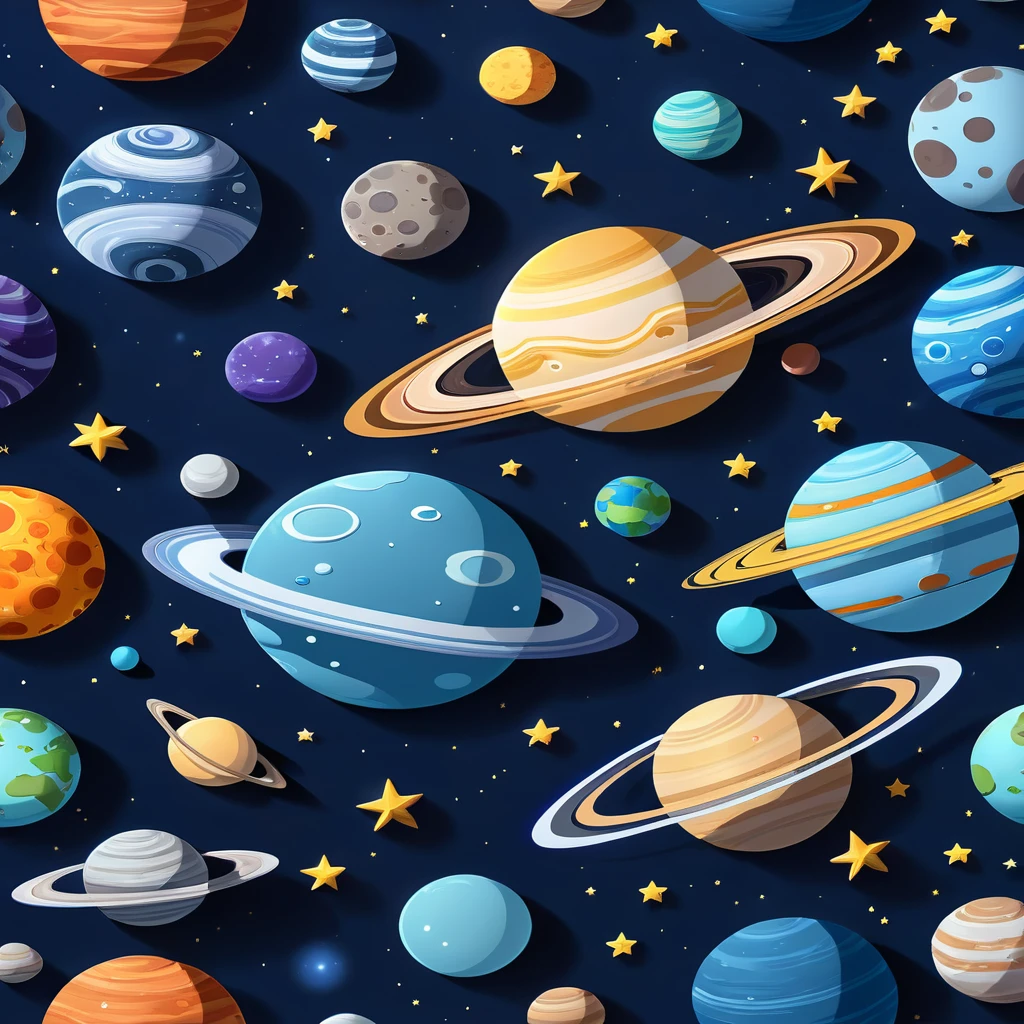 a close up of a bunch of planets with stars on a dark background, planets and galaxies, planets and stars, planets in the background, planets on the background, large planets in the background, stars and planets, floating planets and moons, space backround, planets, planet and stars, floating planets, solar system, high detailed illustration, detailed 2d illustration