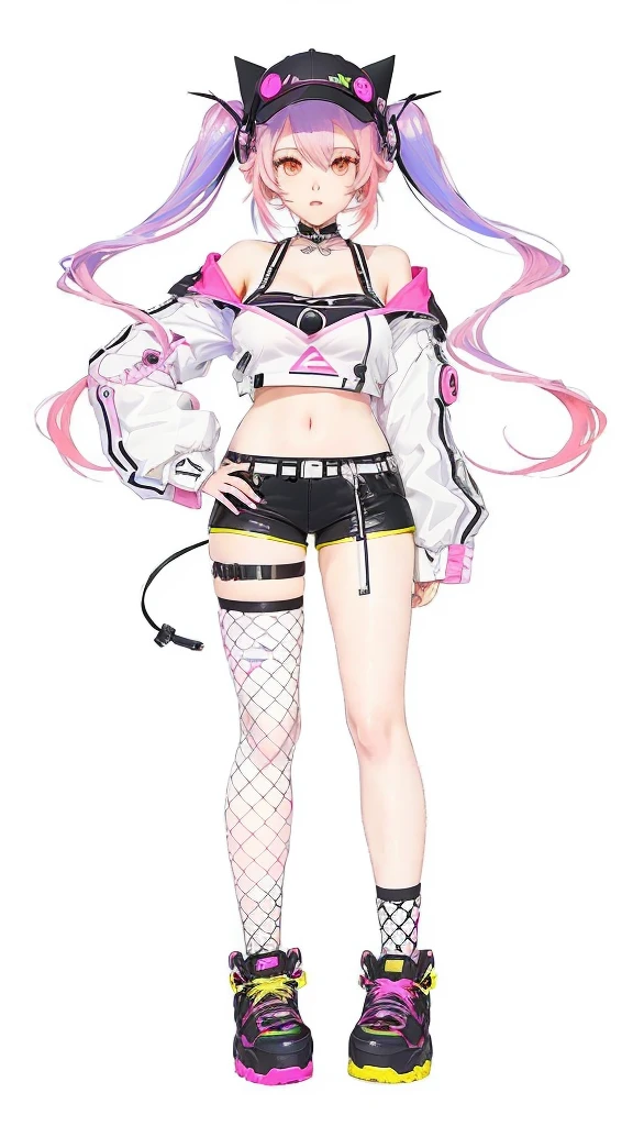 anime girl with pink hair and black and white outfit, anime vtuber full body model, full body adoptable, single character full body, anime full body illustration, outfit design, !!full body portrait!!, live2d virtual youtuber model, full body portrait of a short!, pink twintail hair and cyan eyes, humanoid pink female squid girl, cyberpunk anime girl