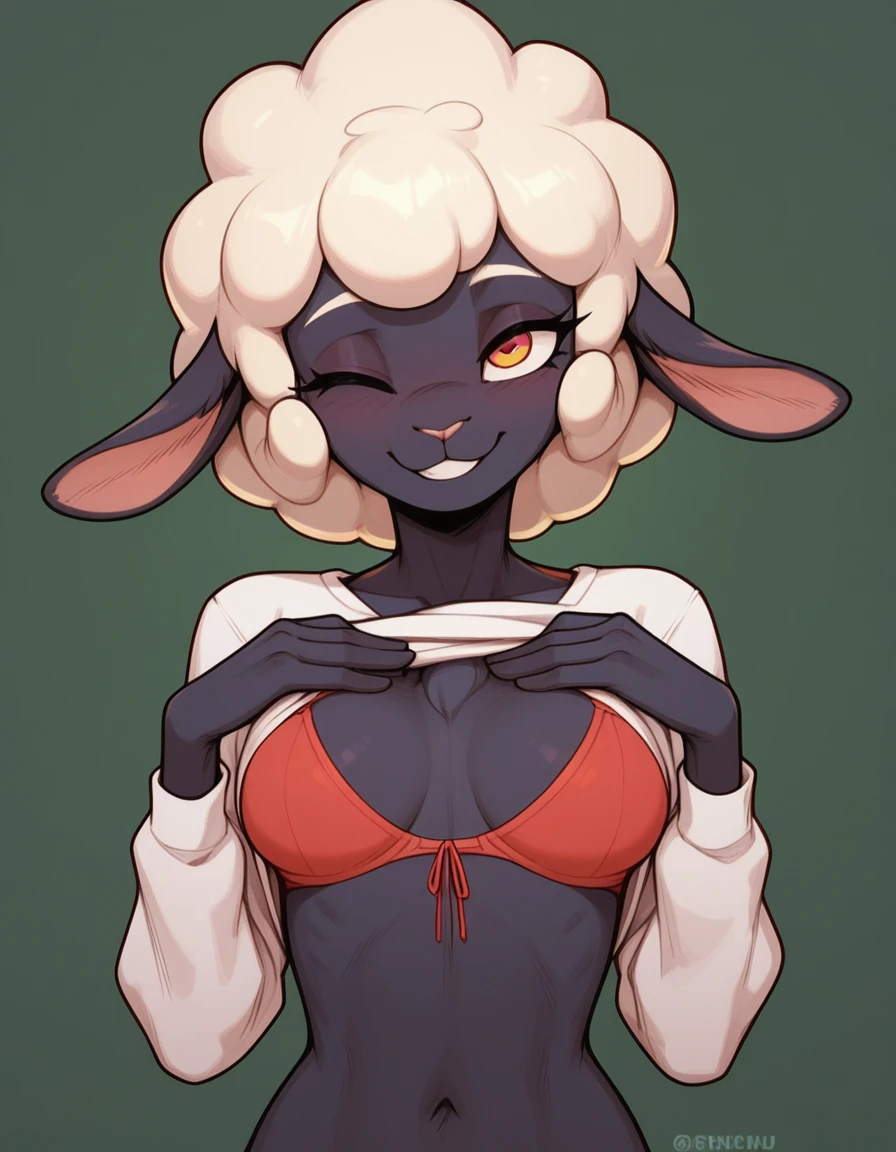 Half-closed eyes, smug smile , 1girl, anthro, furry, fur, fluffy fur, sheep girl, trying to lift her shirt to show you her bra, one closed eye, bedroom background, score_9, score_8_up, score_7_up, score_6_up, score_5_up, score_4_up,