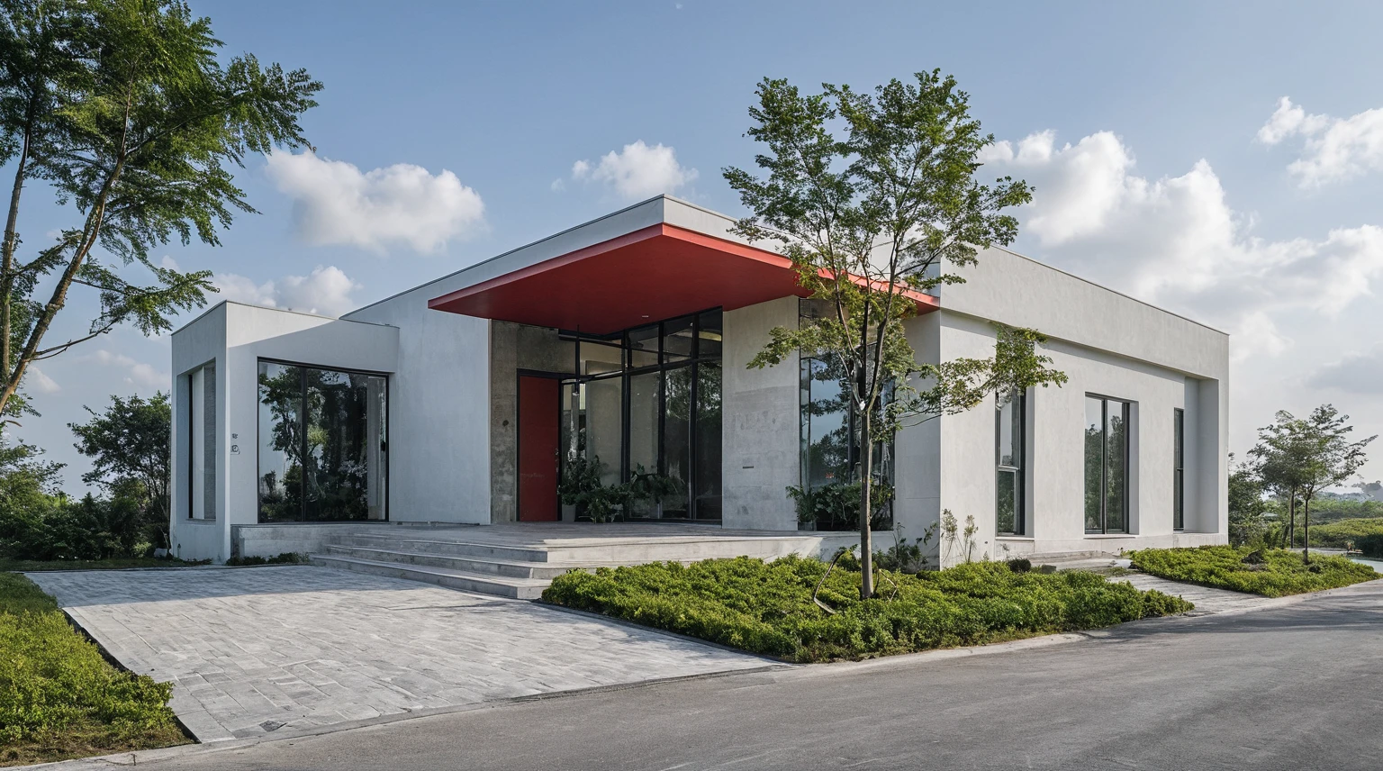 Masterpiece, high quality, best quality, authentic, super detail, outdoors, onestoreyvillaXL, aiaigroup, office style modern on the street ,stairs, red roof, glass door, white wall ,road,pavement, grass, trees, sky, cloud, (daylight:1.1)